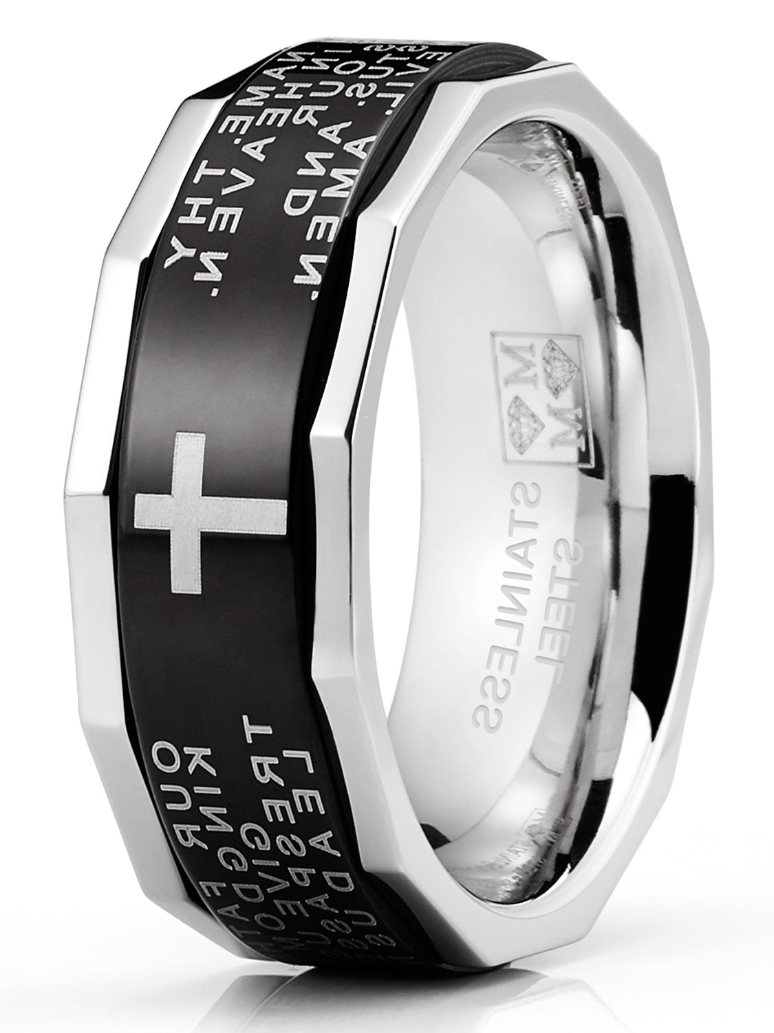 Men's Lords Prayer Stainless Steel Ring Christian Cross Bible Two-Tone 7-13