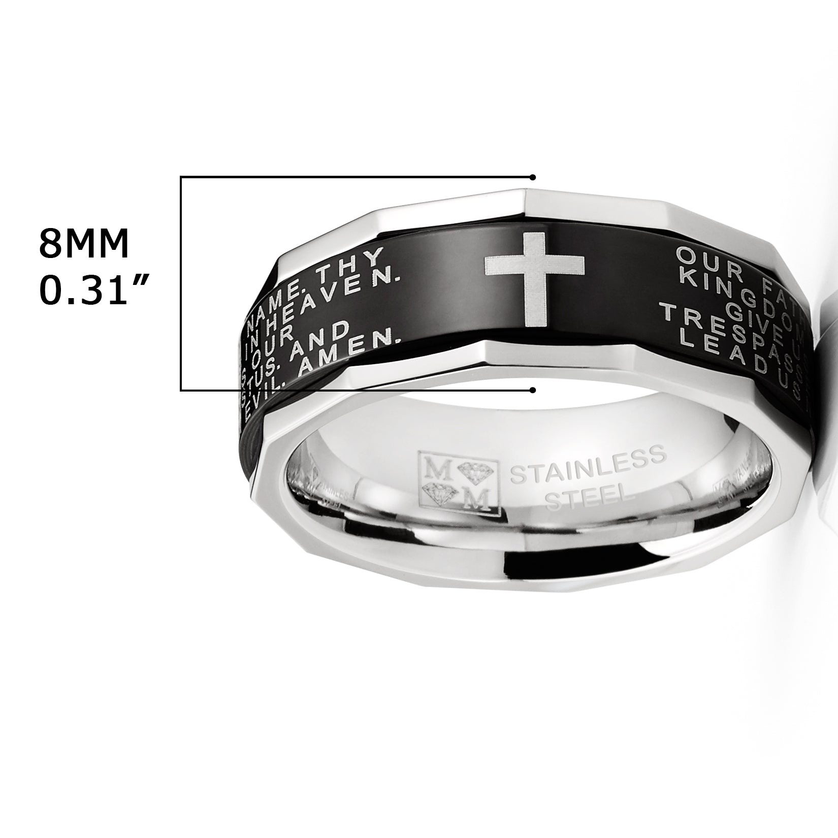 Men's Lords Prayer Stainless Steel Ring Christian Cross Bible Two-Tone 7-13