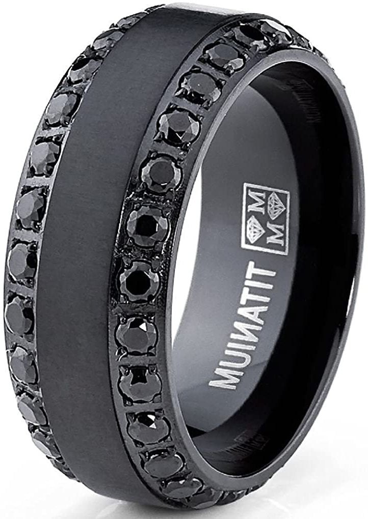 Men's .9Ct Black Titanium Dome Brushed Finished Wedding Band Engagement Ring Black Cubic Zirconia