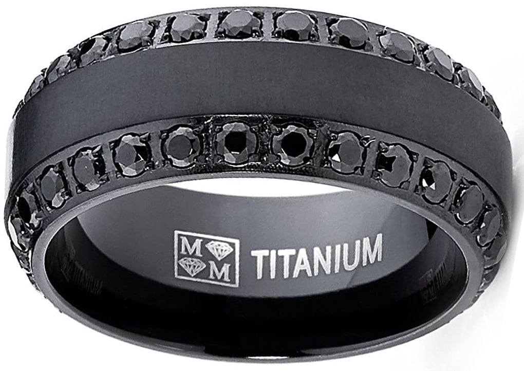Men's .9Ct Black Titanium Dome Brushed Finished Wedding Band Engagement Ring Black Cubic Zirconia
