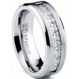 Titanium 1Ct. Men's Wedding Band Engagement Ring with 9 large Princess Cut Cubic Zirconia