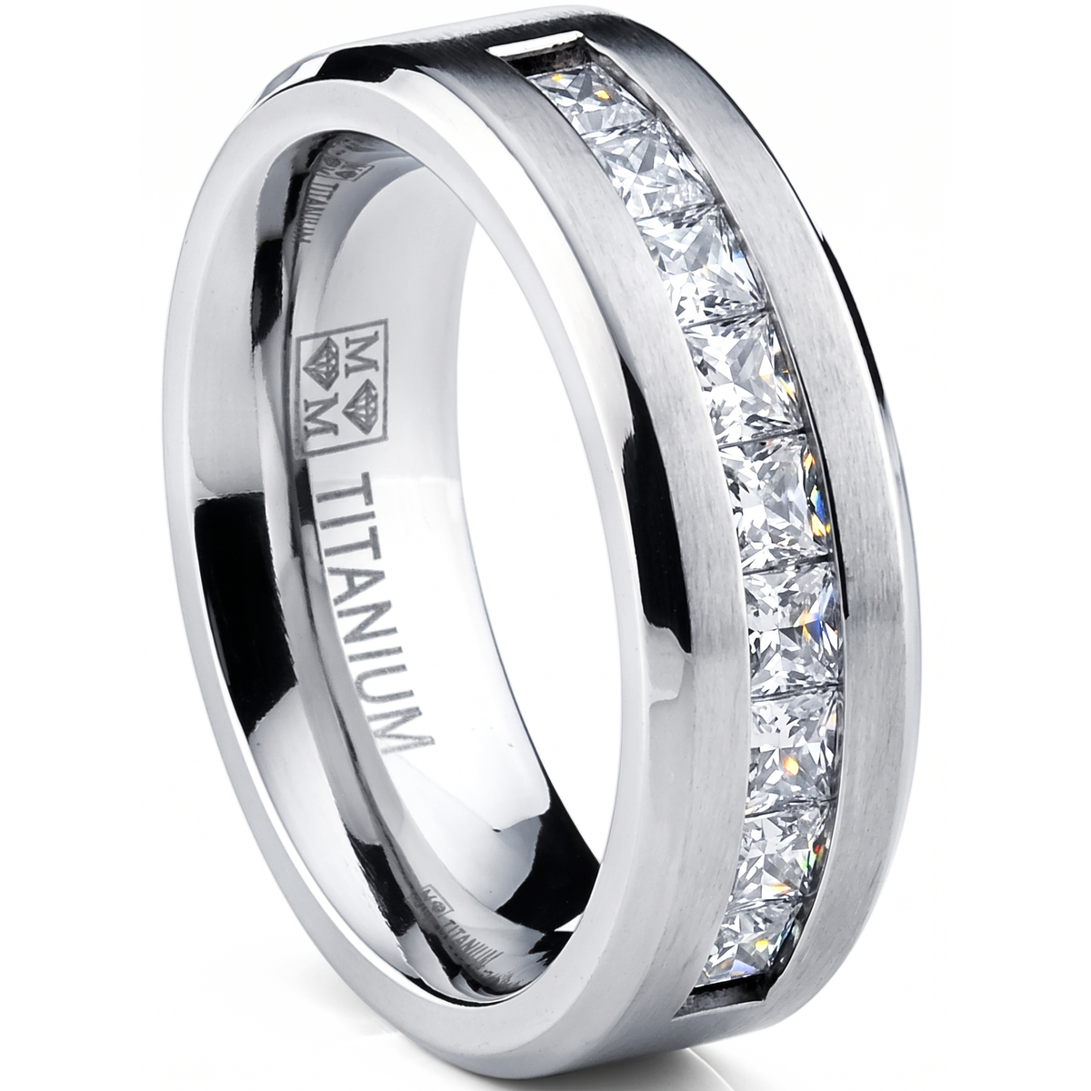 Titanium 1Ct. Men's Wedding Band Engagement Ring with 9 large Princess Cut Cubic Zirconia