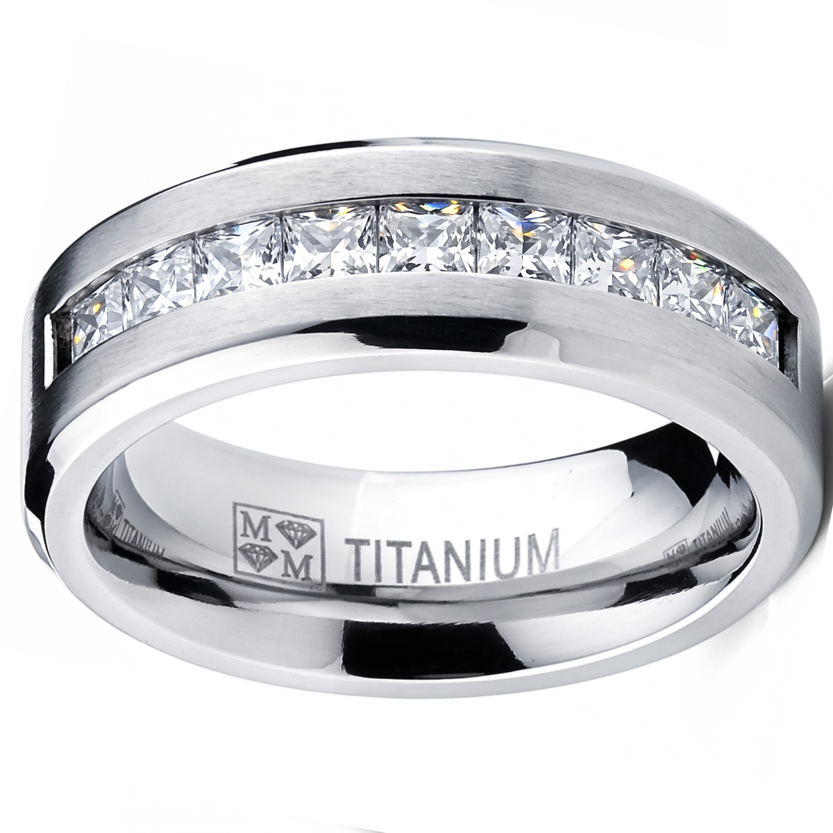 Titanium 1Ct. Men's Wedding Band Engagement Ring with 9 large Princess Cut Cubic Zirconia