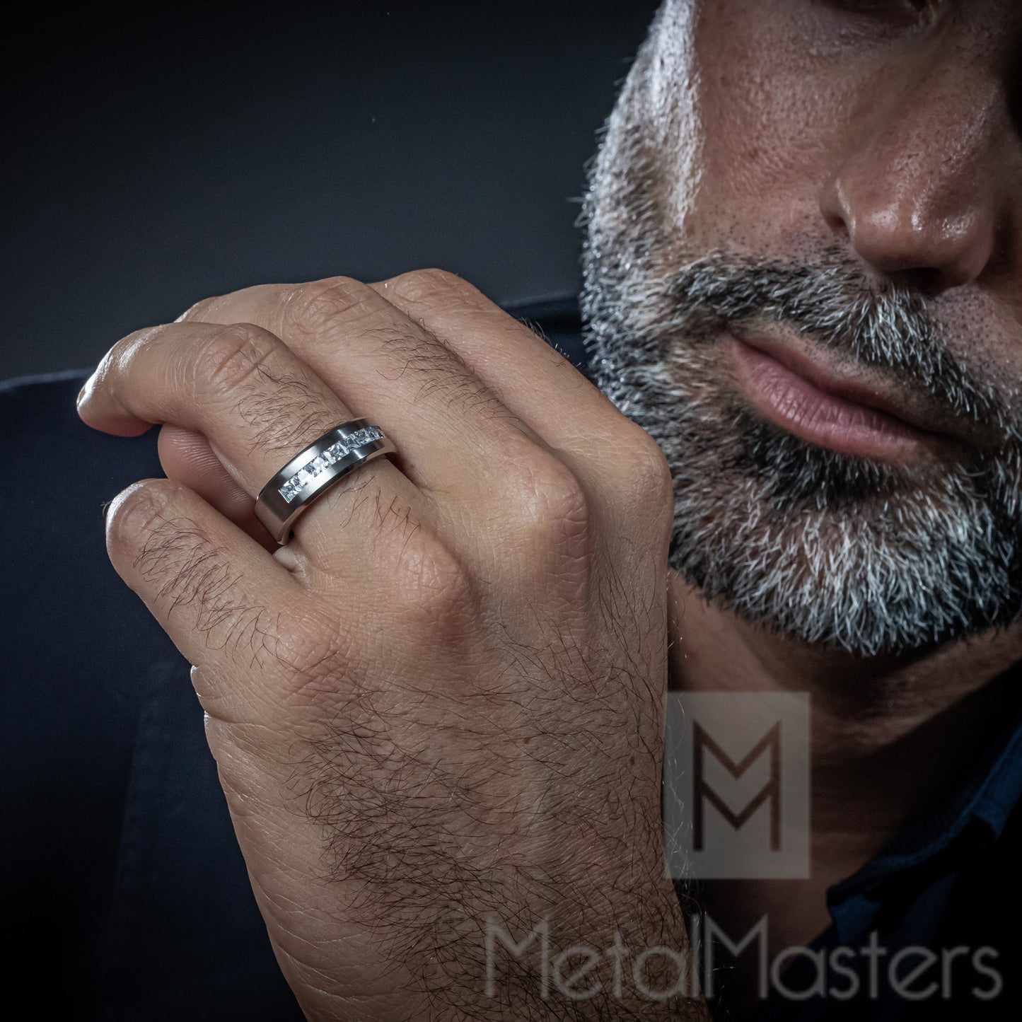 Titanium 1Ct. Men's Wedding Band Engagement Ring with 9 large Princess Cut Cubic Zirconia