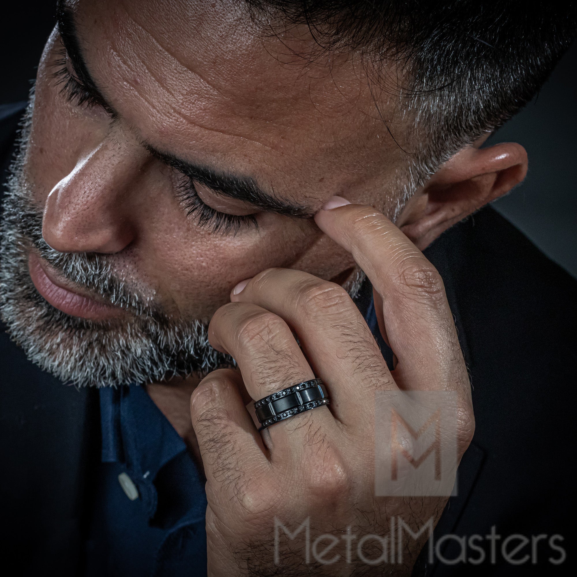 9MM Men's Black Titanium Wedding Band Ring with Double Row Black Cubic Zirconia, Comfort Fit