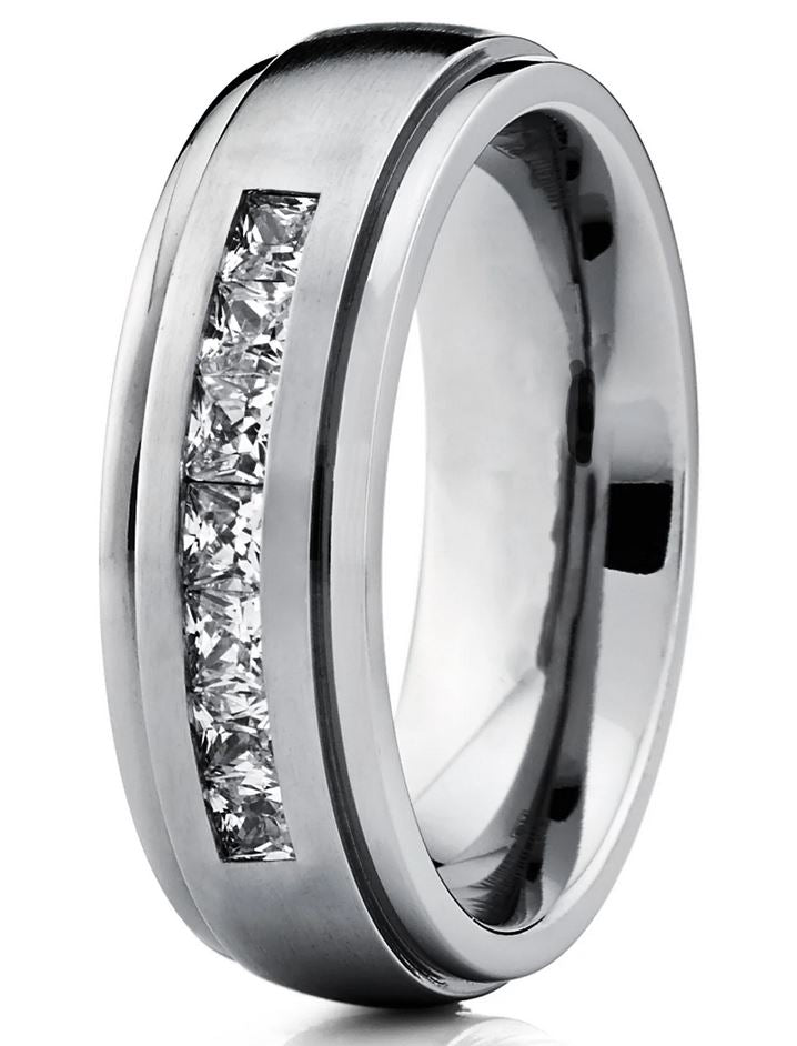 Men's Titanium Dome Wedding Band Ring Cubic Zirconia Princess-cut 7MM