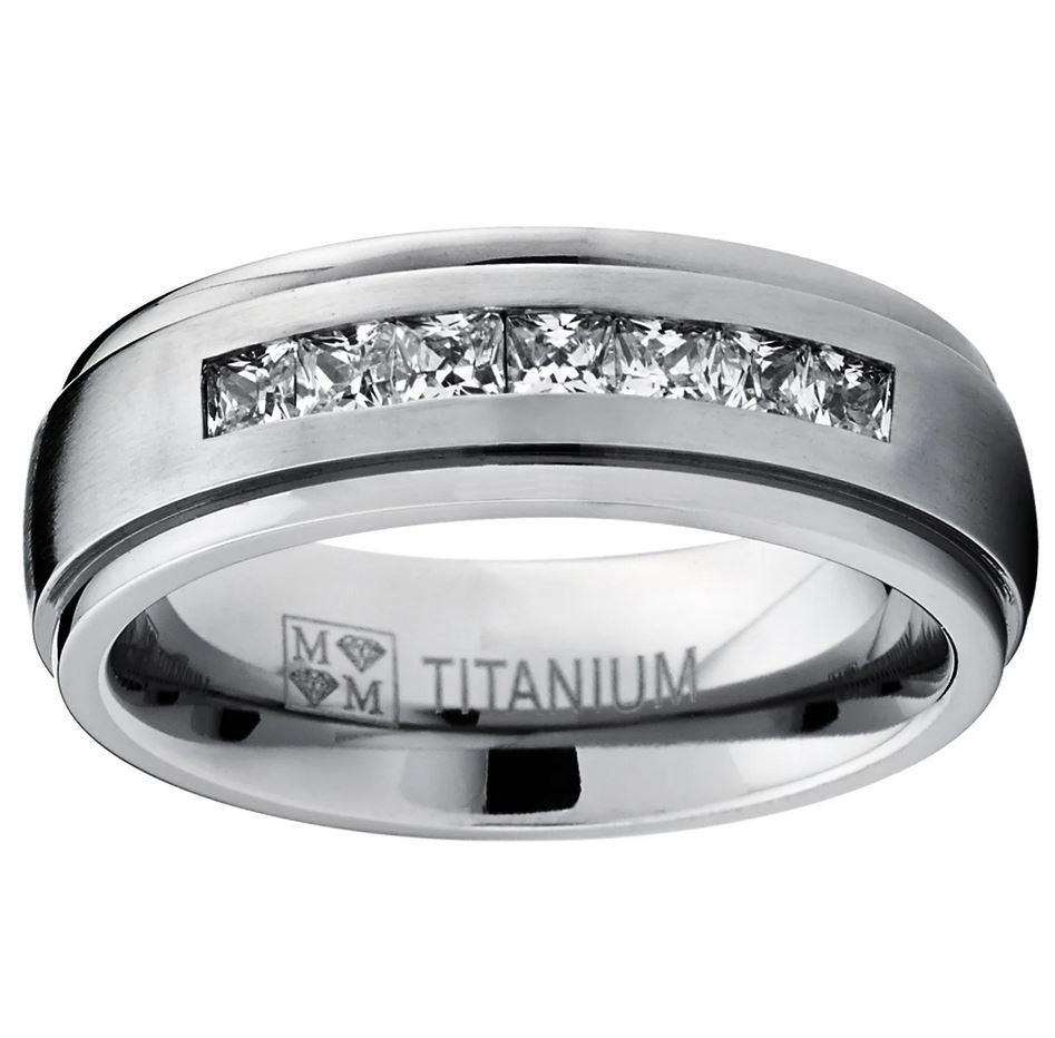 Men's Titanium Dome Wedding Band Ring Cubic Zirconia Princess-cut 7MM