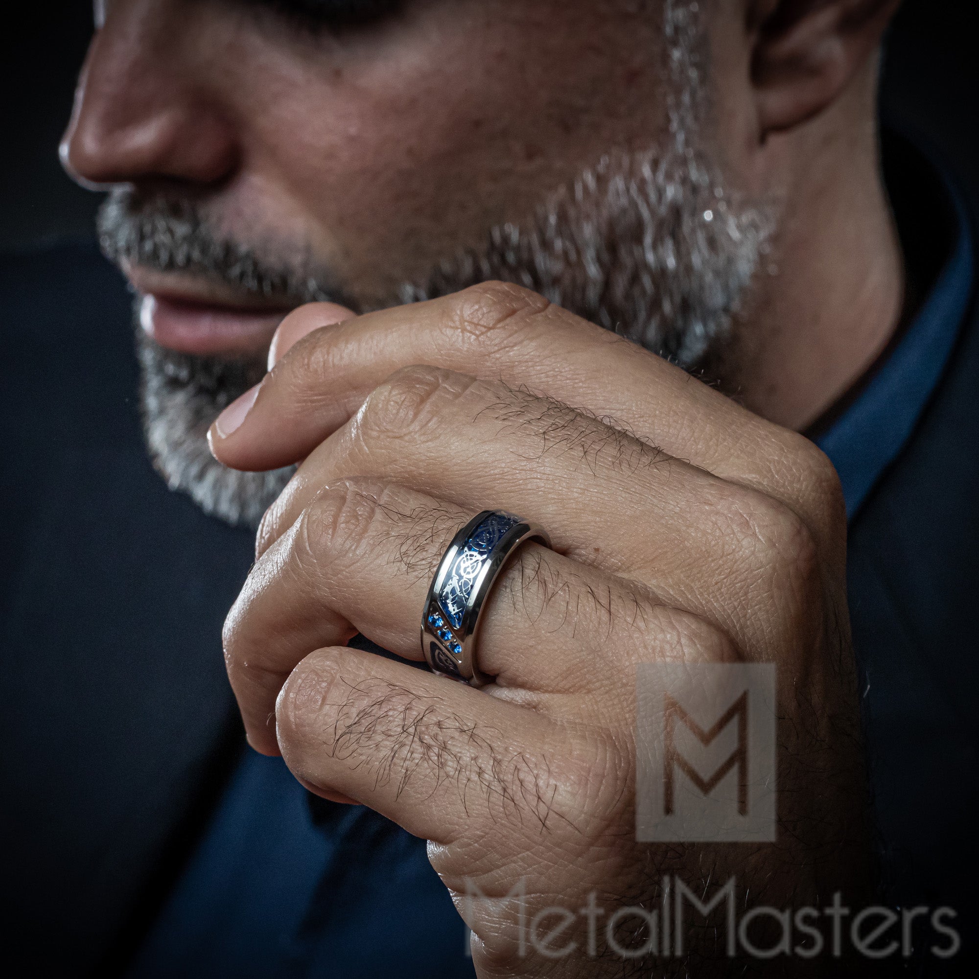 Men's Titanium Wedding Ring Band with Dragon Design Over Blue Carbon Fiber Inlay and Blue Cubic Zirconia
