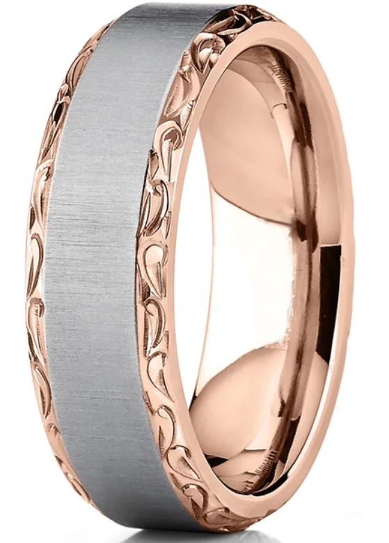 Men's Titanium Hand-engraved Wedding Band Ring Comfort-fit Rosegold-tone 7MM