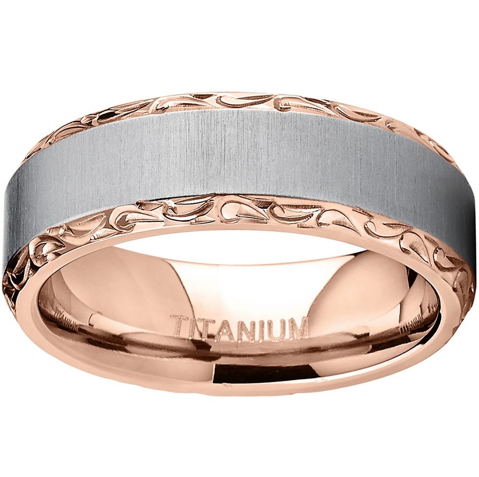 Men's Titanium Hand-engraved Wedding Band Ring Comfort-fit Rosegold-tone 7MM