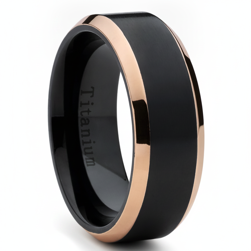 Rose Tone / Black Titanium Ring Wedding Band, Engagement Ring, High Polish Beveled Edge Ring