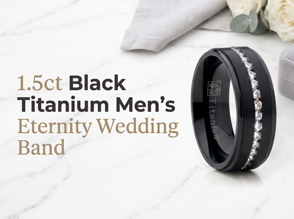 1.5ct. Black Titanium Men's Eternity Wedding Band Ring Cubic Zirconia CZ Comfort-Fit 8mm