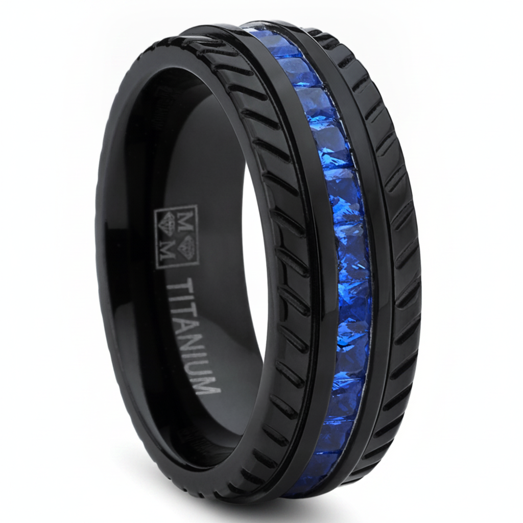 Men's Black Titanium Wedding Band, Engagement Eternity ring  W/ Princess Cut Deep Blue Cubic Zirconia CZ