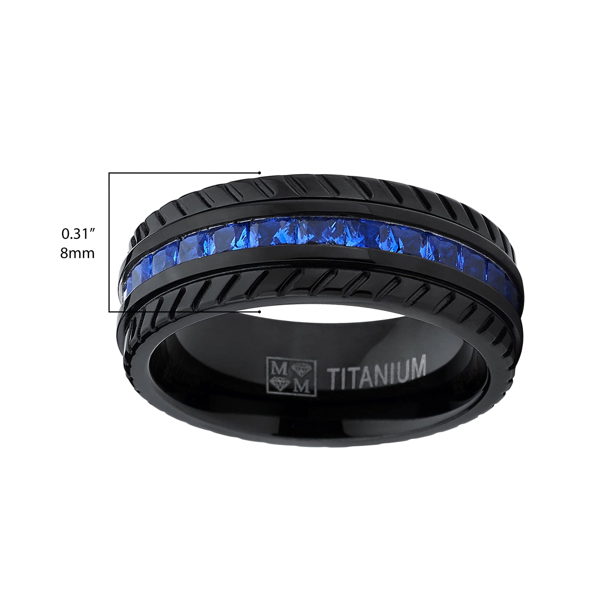 Men's Black Titanium Wedding Band, Engagement Eternity ring  W/ Princess Cut Deep Blue Cubic Zirconia CZ