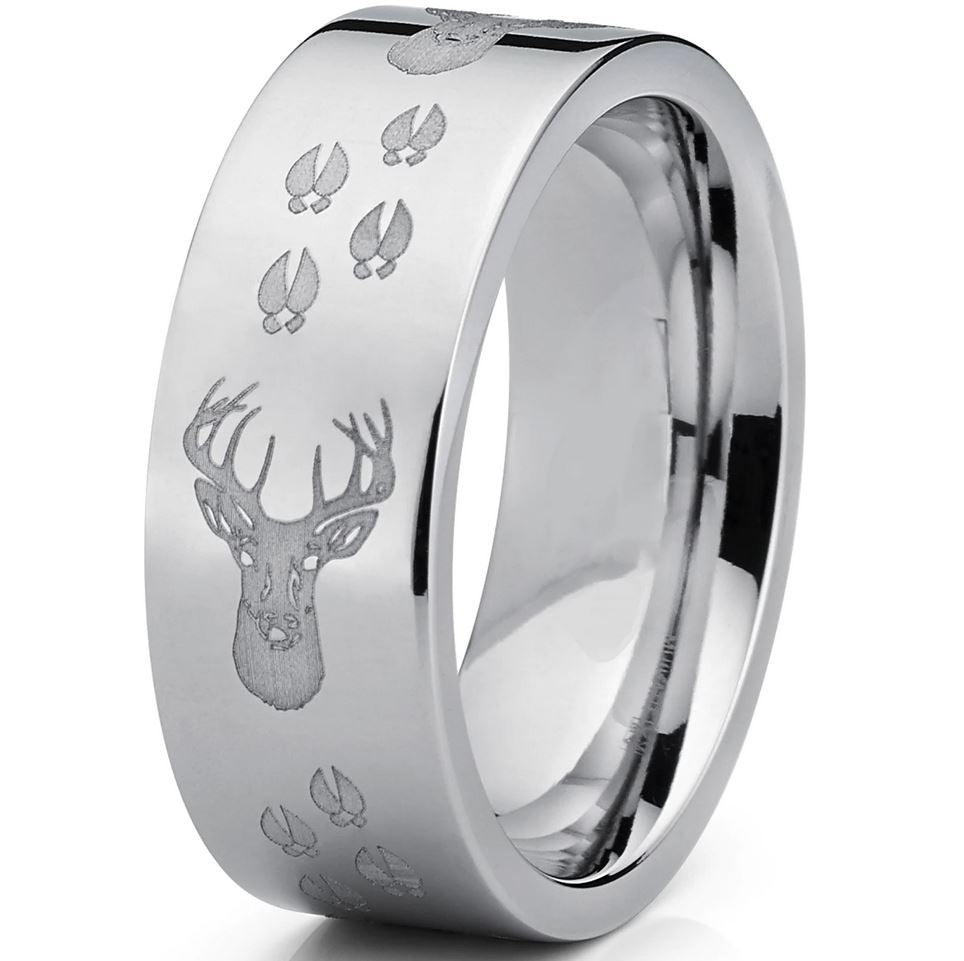Men's Deer Hunting Titanium Ring Wedding Band High Polish Silver 8MM