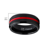 Men's Titanium Ring Wedding Band, Black and Red Plated Brushed Engagement Ring, Grooved, Comfort Fit 7-13