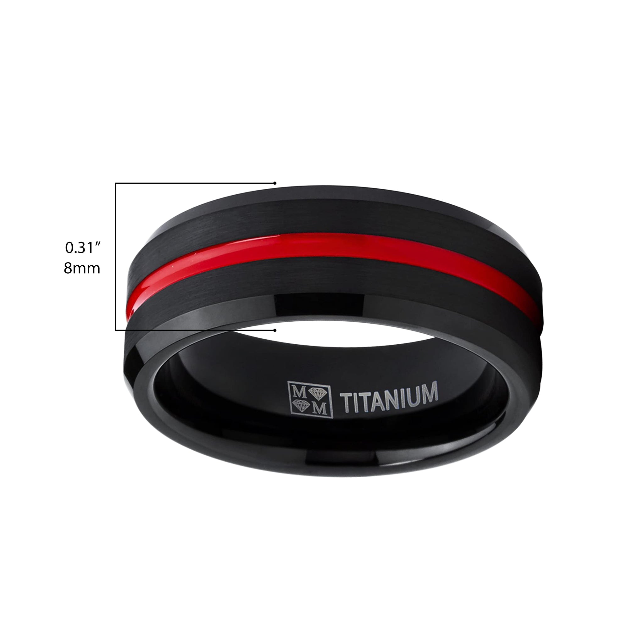 Men's Titanium Ring Wedding Band, Black and Red Plated Brushed Engagement Ring, Grooved, Comfort Fit 7-13