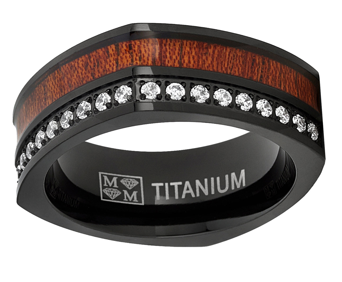 Men's Square Black Titanium Wedding Band Ring Cubic Zirconia Wood Inlay 8mm