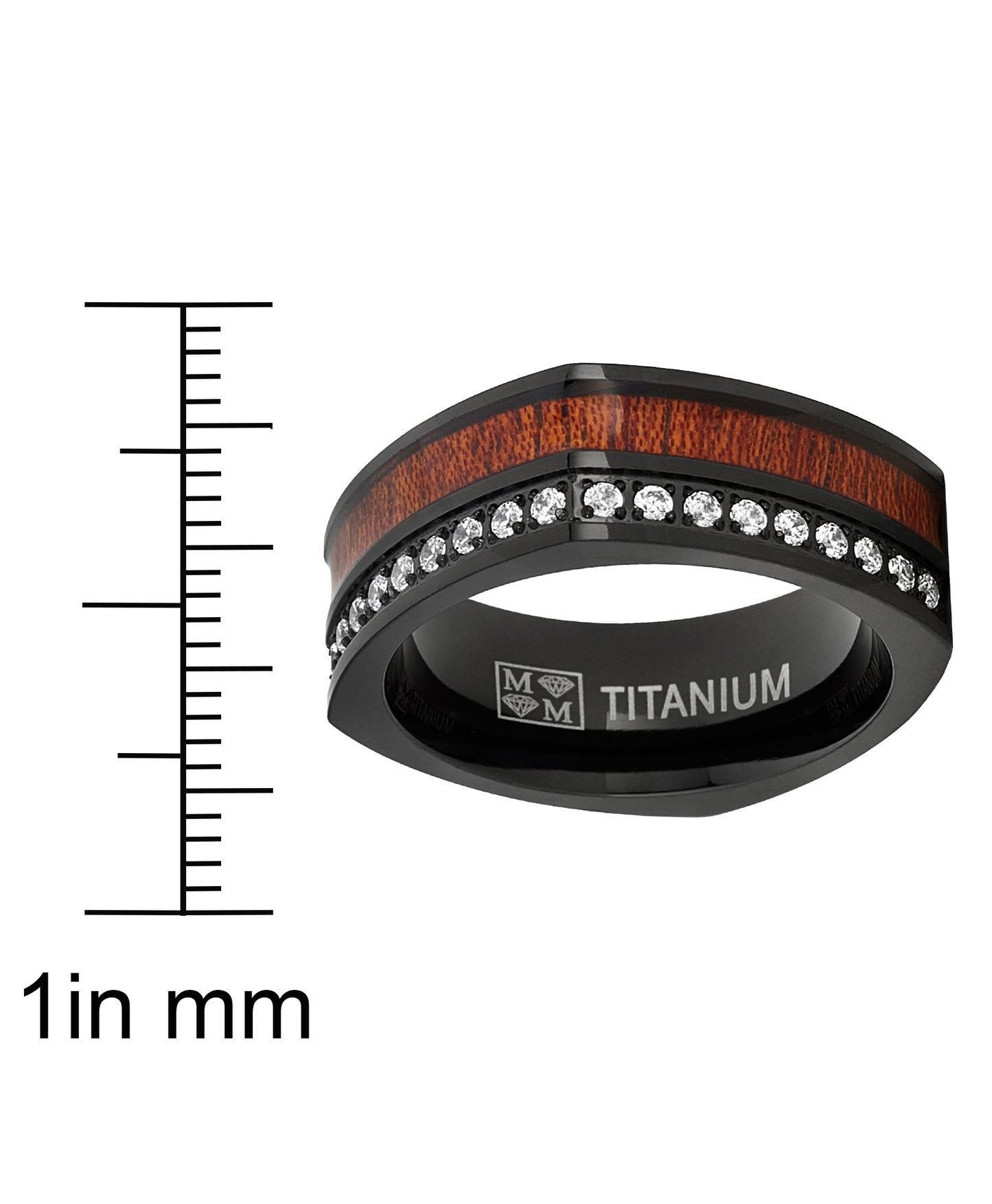 Men's Square Black Titanium Wedding Band Ring Cubic Zirconia Wood Inlay 8mm