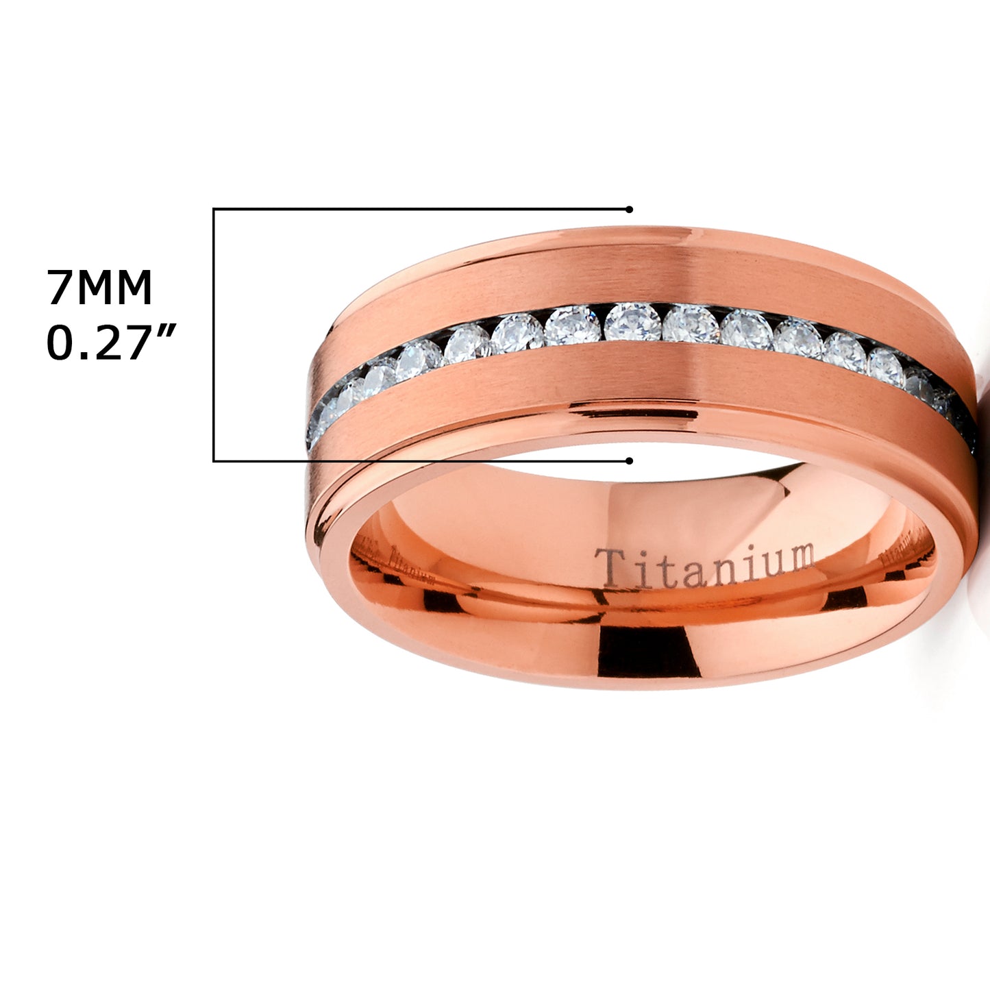 7MM Men's Eternity Titanium Ring Rosegold-tone Wedding Band Cubic Zirconia CZ
