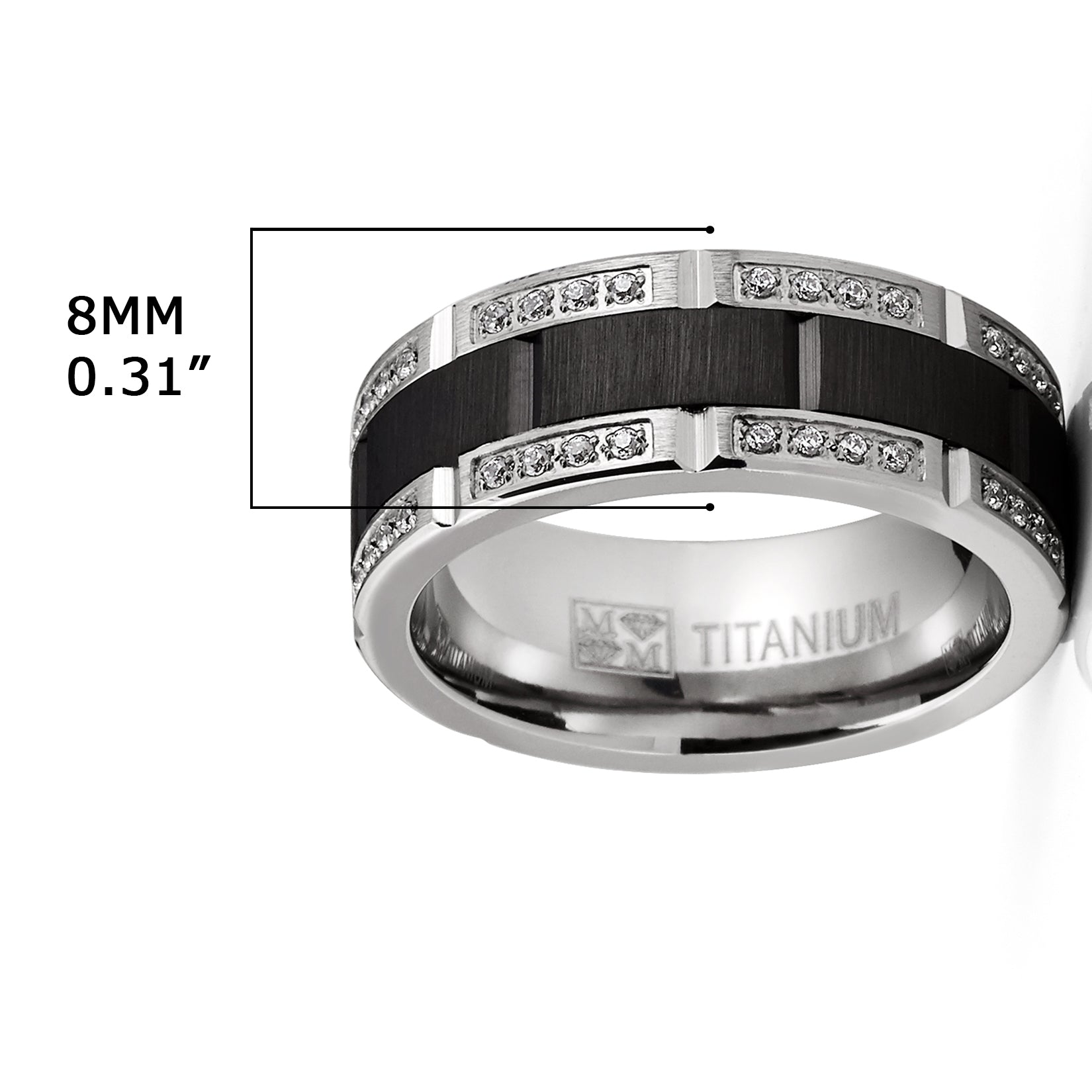Men's Titanium Ring Two-Tone Wedding Band Round-Cut Cubic Zirconia Black Silver 8MM