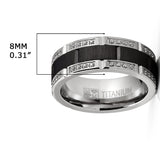 Men's Titanium Ring Two-Tone Wedding Band Round-Cut Cubic Zirconia Black Silver 8MM