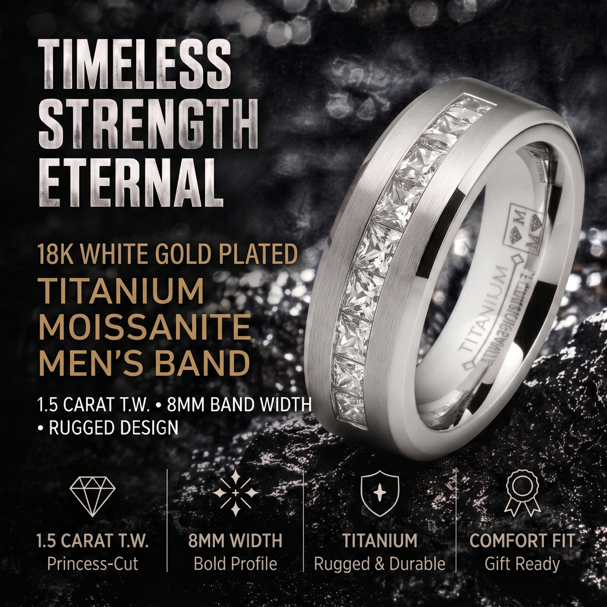 Mens 1.5 Ct Moissanite Wedding Band Engagement Ring 18K White Gold Plated VVS D-Color Princess-Cut 8MM