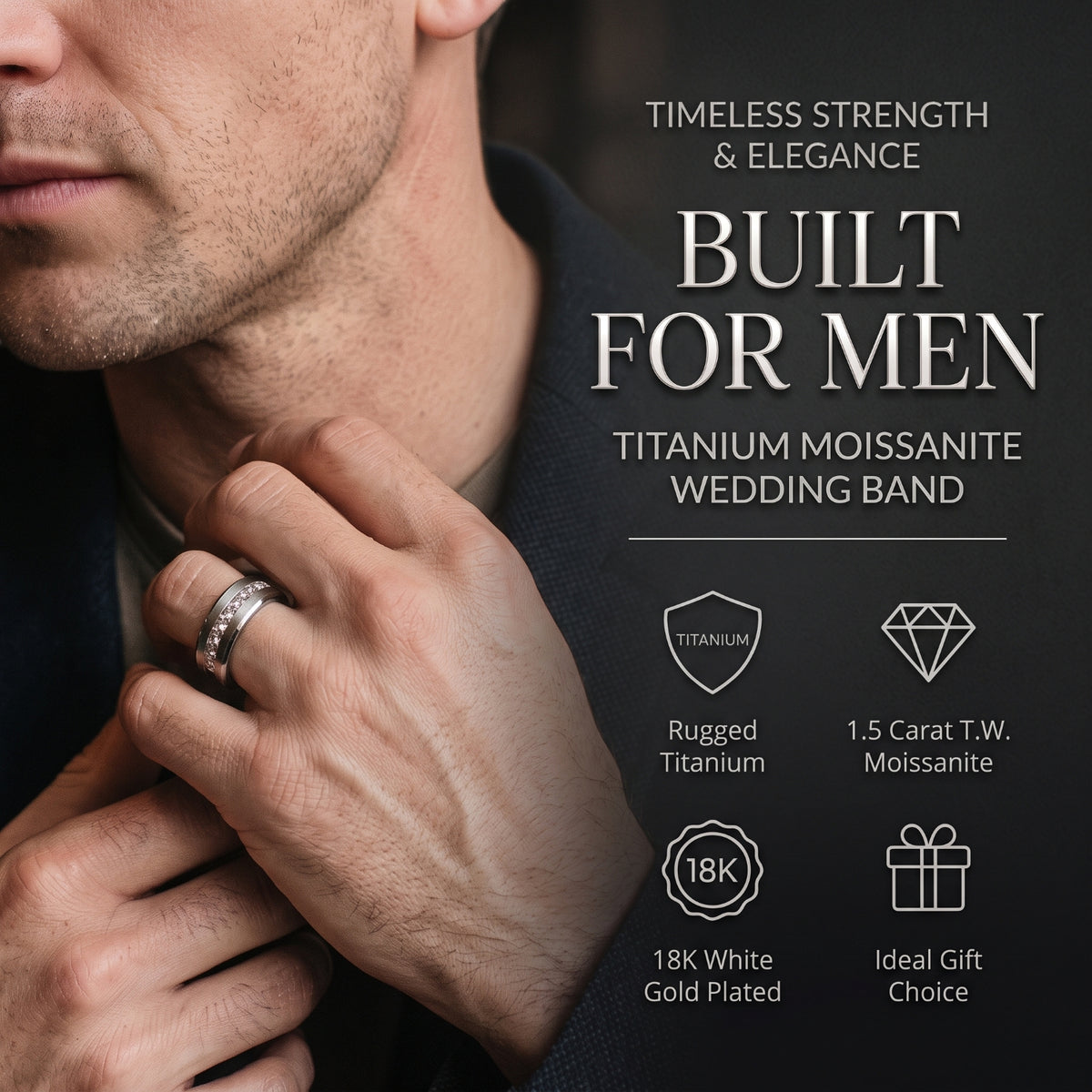 Mens 1.5 Ct Moissanite Wedding Band Engagement Ring 18K White Gold Plated VVS D-Color Princess-Cut 8MM