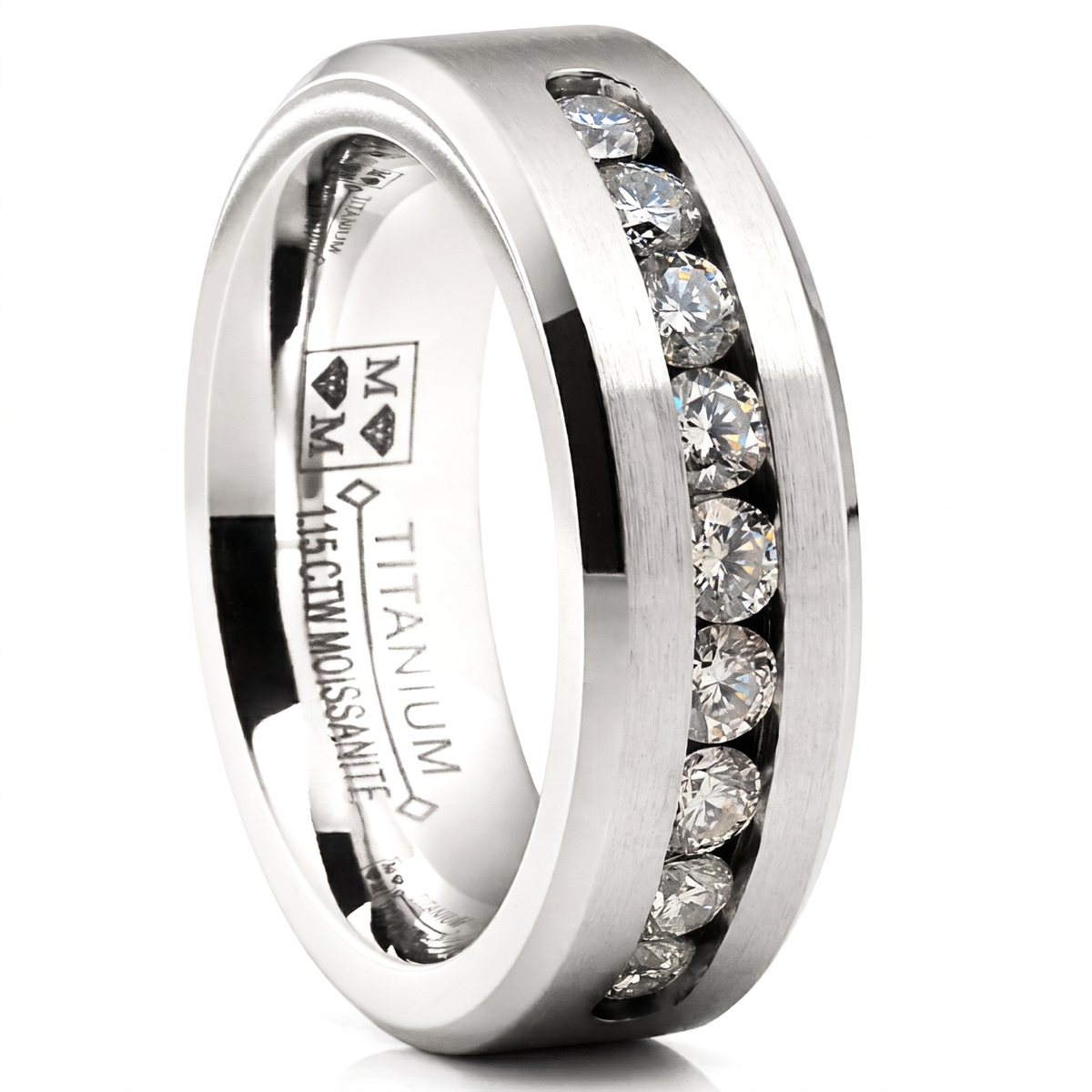 1.15 Carats Moissanite Mens Ring 18K White Gold Plated Wedding Band VVS D-Color Channel-Set 8MM
