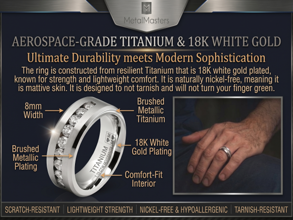 1.15 Carats Moissanite Mens Ring 18K White Gold Plated Wedding Band VVS D-Color Channel-Set 8MM
