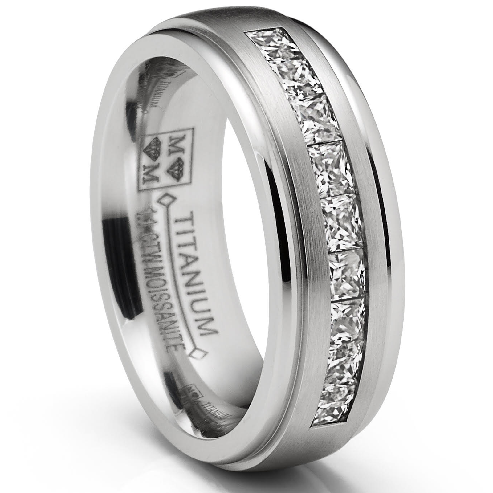 1.10 Ct. Moissanite Mens Wedding Band Engagement Ring Step Edge 9 Princess Channel-Set 7MM