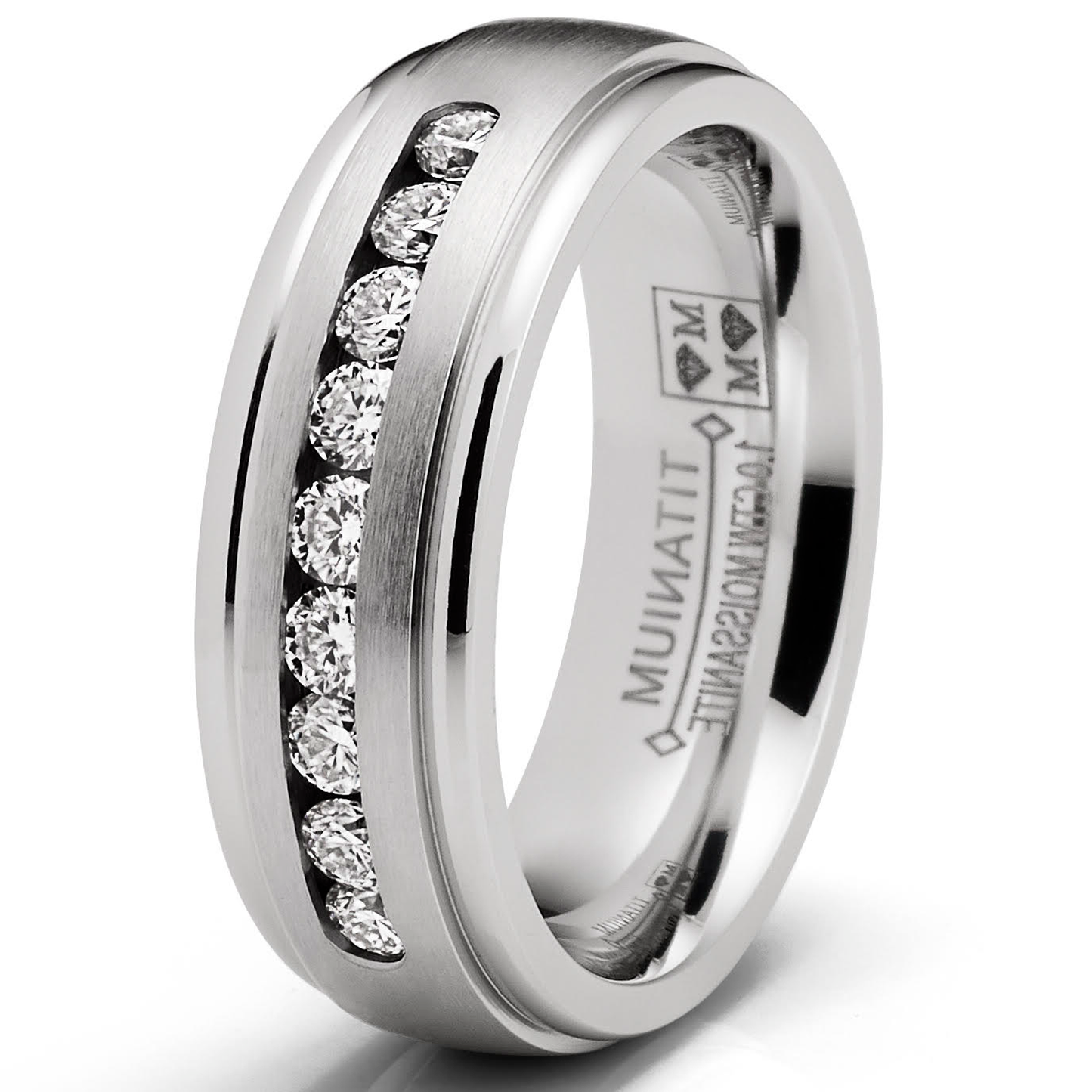 1 Carat Moissanite Mens Wedding Band Engagement Ring Step Edge 9 Round Channel-Set Stones 7MM