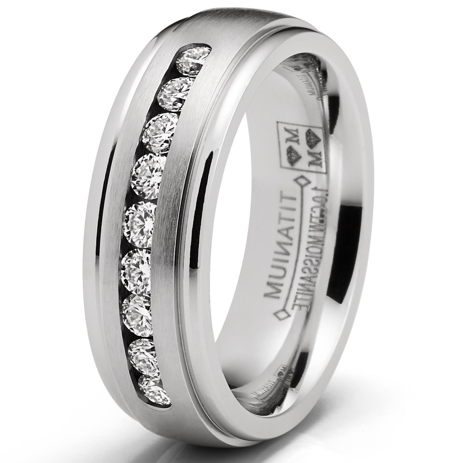 1 Carat Moissanite Mens Wedding Band Engagement Ring Step Edge 9 Round Channel-Set Stones 7MM