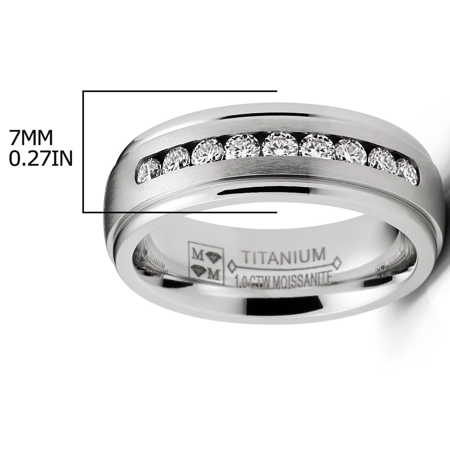 1 Carat Moissanite Mens Wedding Band Engagement Ring Step Edge 9 Round Channel-Set Stones 7MM