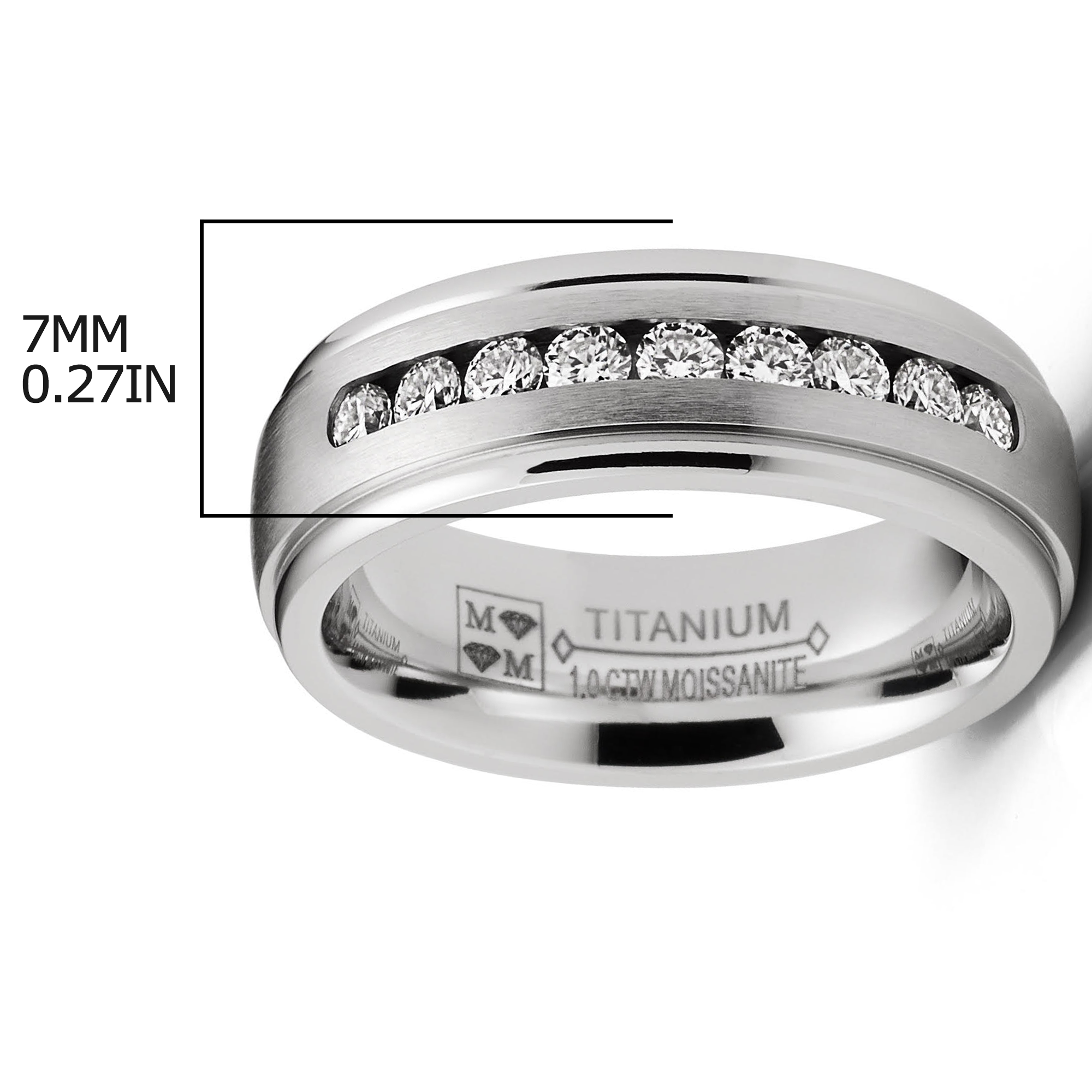 1 Carat Moissanite Mens Wedding Band Engagement Ring Step Edge 9 Round Channel-Set Stones 7MM