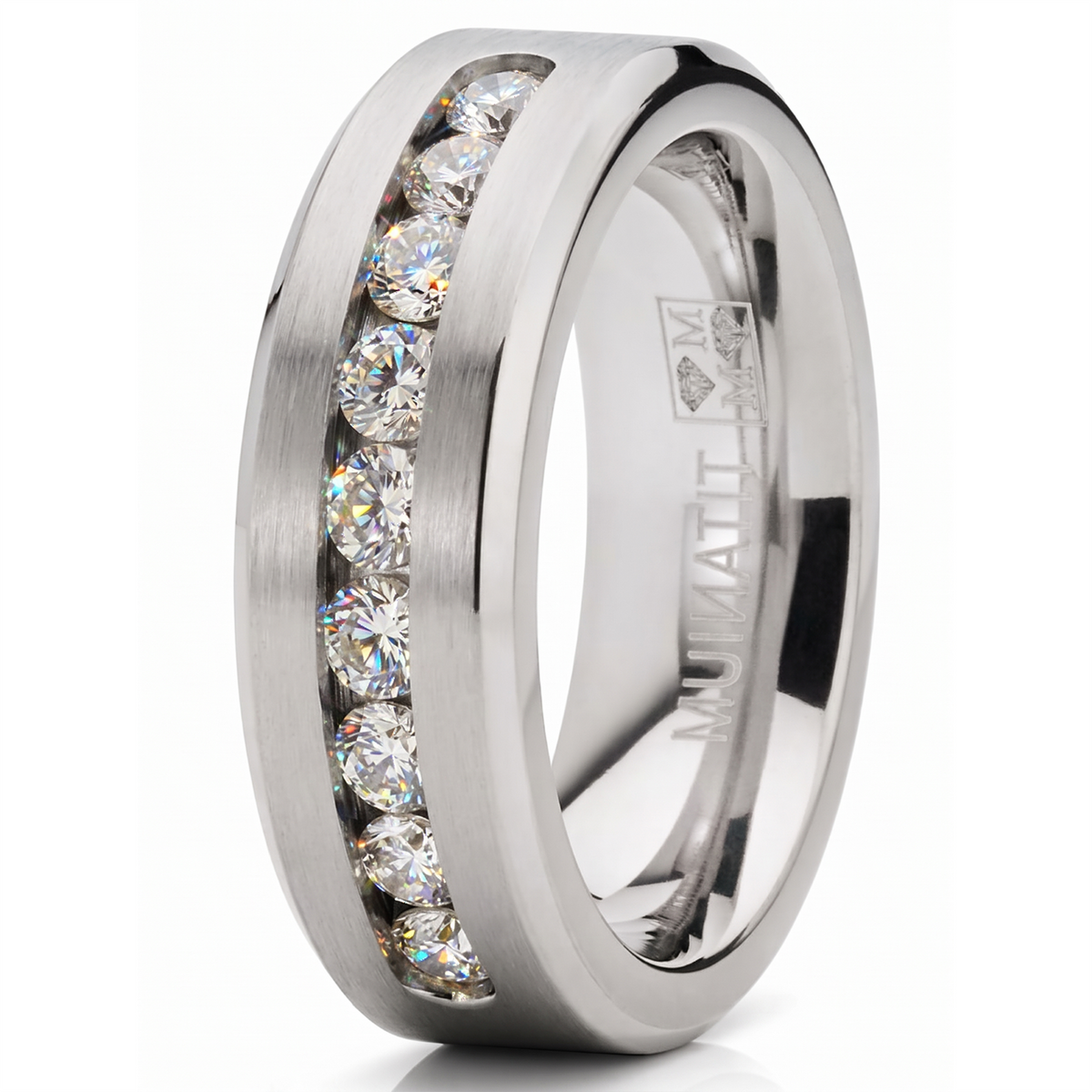 8MM Men's 1Ct. Titanium ring wedding band with 9 large Channel Set Cubic Zirconia CZ sizes 6 to 15