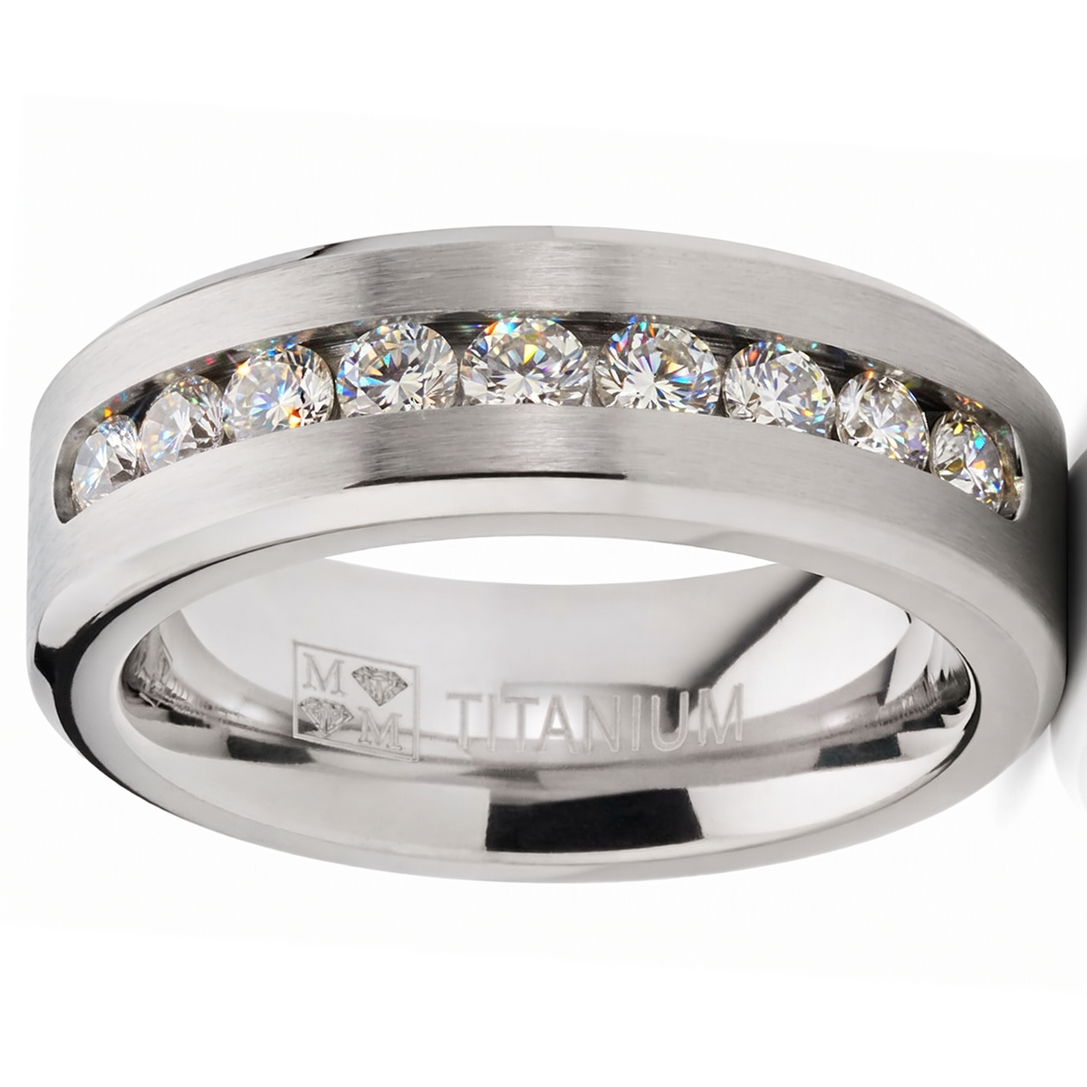 8MM Men's 1Ct. Titanium ring wedding band with 9 large Channel Set Cubic Zirconia CZ sizes 6 to 15