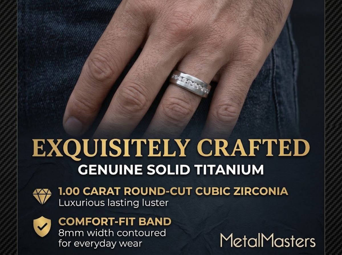 8MM Men's 1Ct. Titanium ring wedding band with 9 large Channel Set Cubic Zirconia CZ sizes 6 to 15