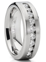 8MM Men's 1Ct. Titanium ring wedding band with 9 large Channel Set Cubic Zirconia CZ sizes 6 to 15