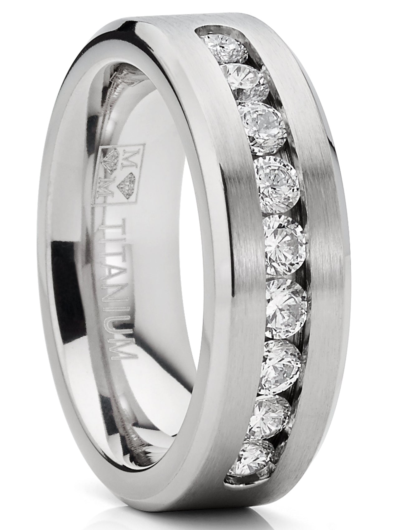8MM Men's 1Ct. Titanium ring wedding band with 9 large Channel Set Cubic Zirconia CZ sizes 6 to 15