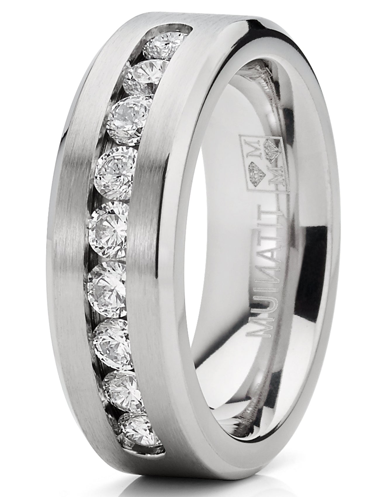 8MM Men's 1Ct. Titanium ring wedding band with 9 large Channel Set Cubic Zirconia CZ sizes 6 to 15