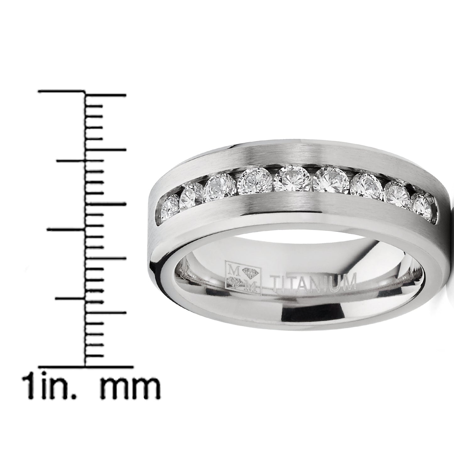 8MM Men's 1Ct. Titanium ring wedding band with 9 large Channel Set Cubic Zirconia CZ sizes 6 to 15