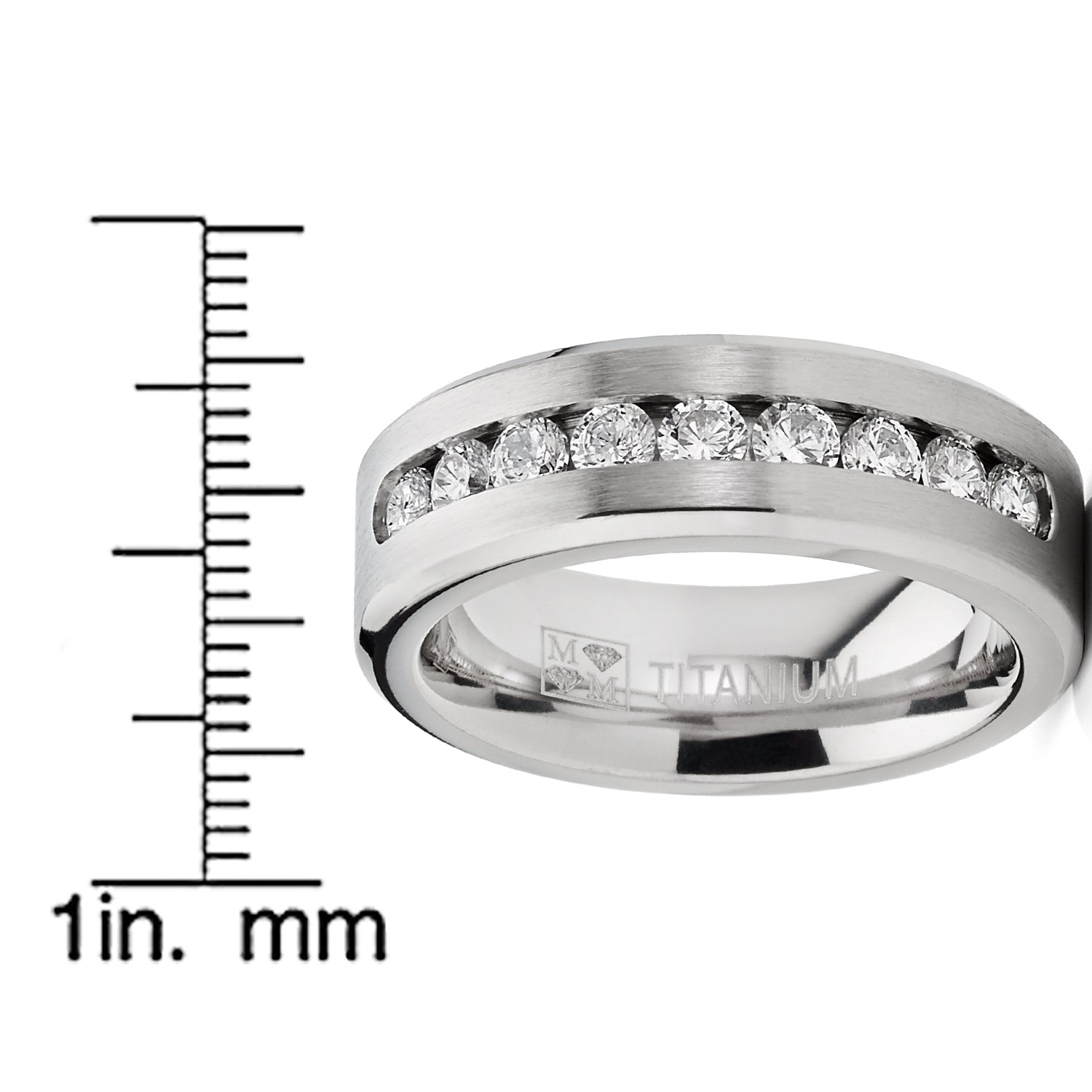 8MM Men's 1Ct. Titanium ring wedding band with 9 large Channel Set Cubic Zirconia CZ sizes 6 to 15