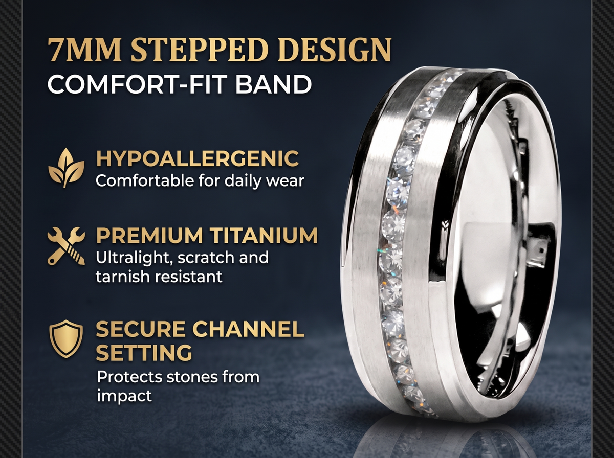 7MM Men's Eternity Titanium Ring Wedding Band with Cubic Zirconia CZ sizes 5 to 13