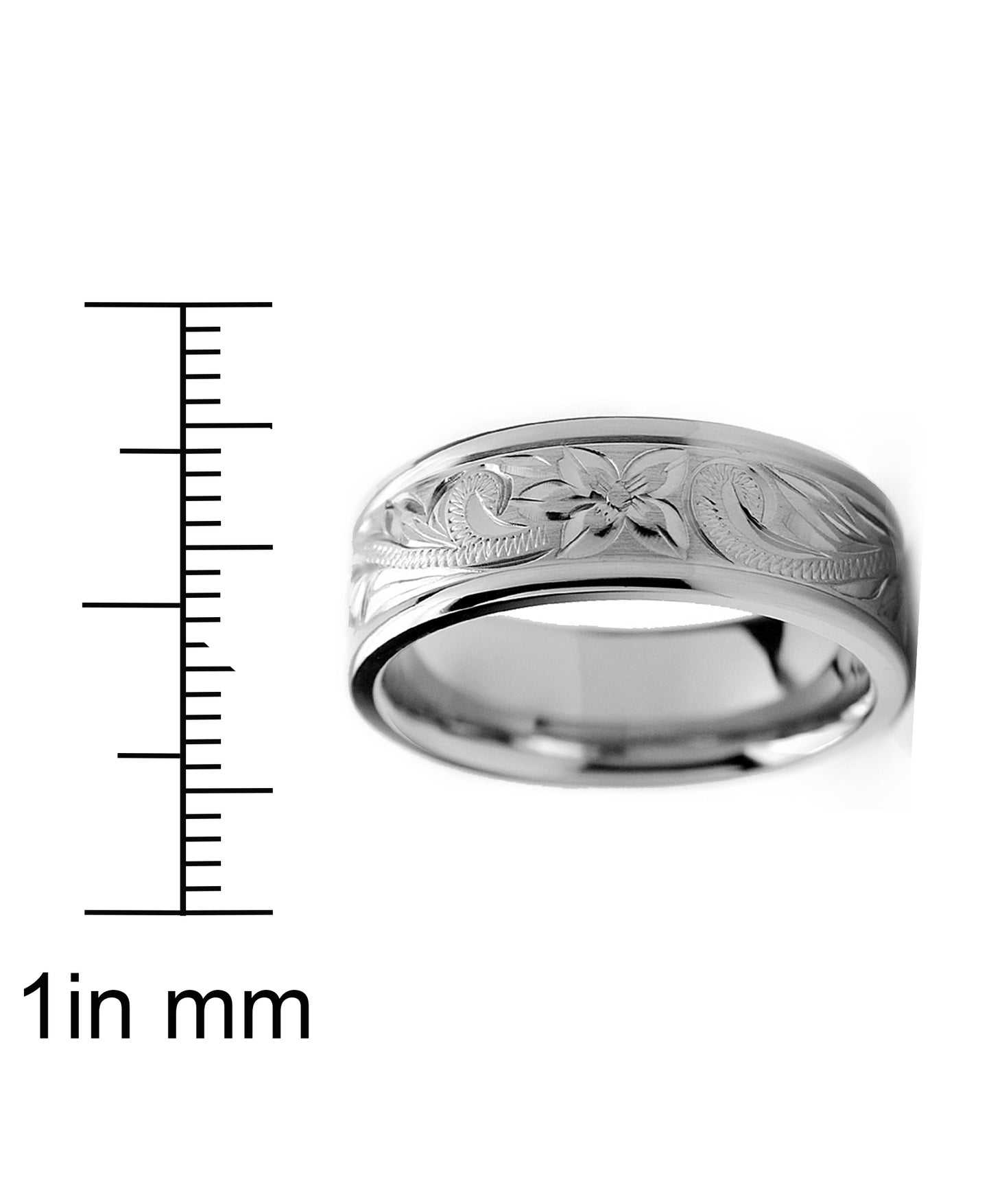 Men's 8MM Titanium Ring Wedding Band With Engraved Floral Design Sizes 7 to 13