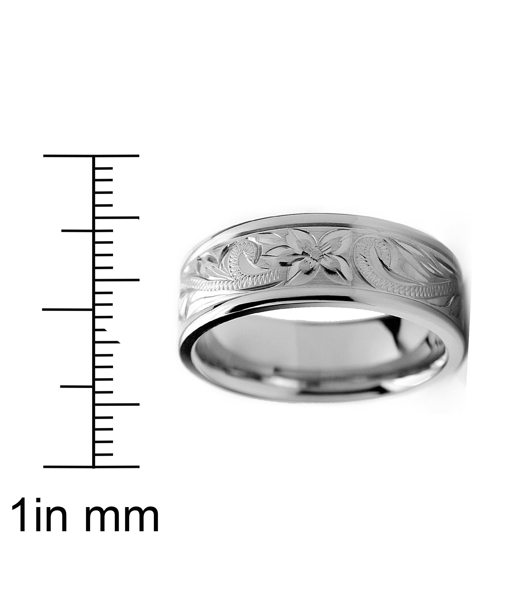 Men's 8MM Titanium Ring Wedding Band With Engraved Floral Design Sizes 7 to 13