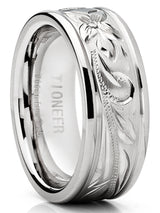 Men's 8MM Titanium Ring Wedding Band With Engraved Floral Design Sizes 7 to 13