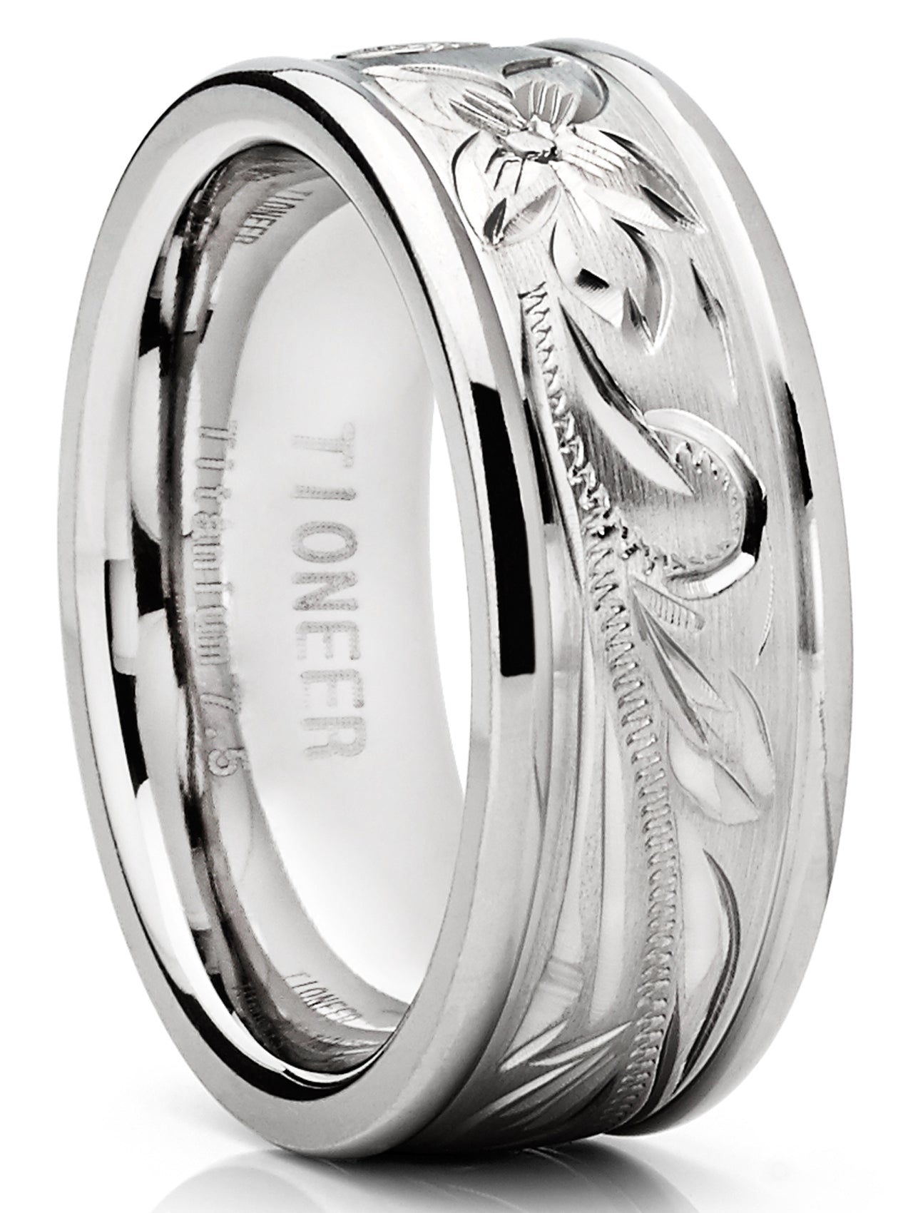 Men's 8MM Titanium Ring Wedding Band With Engraved Floral Design Sizes 7 to 13