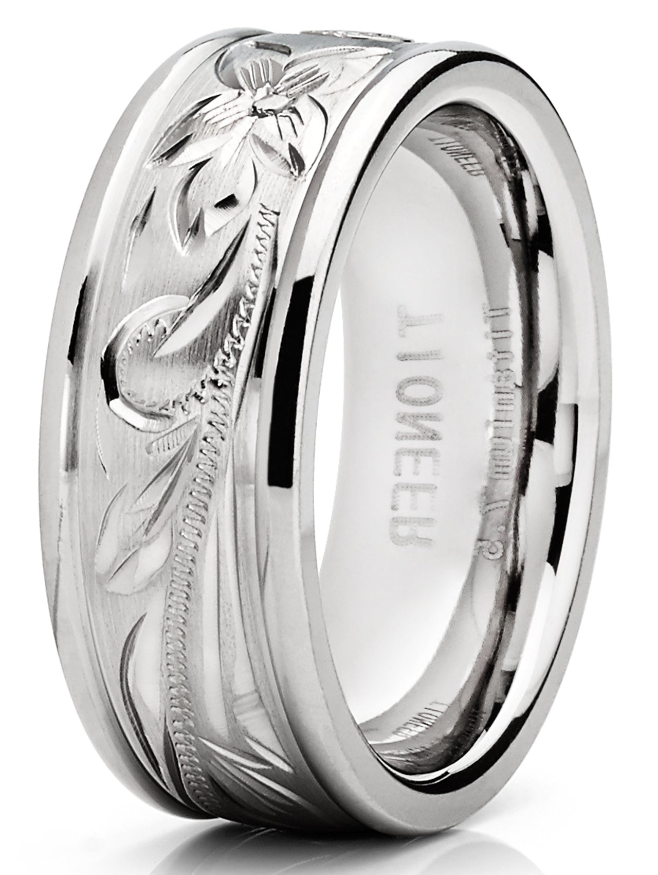 Men's 8MM Titanium Ring Wedding Band With Engraved Floral Design Sizes 7 to 13