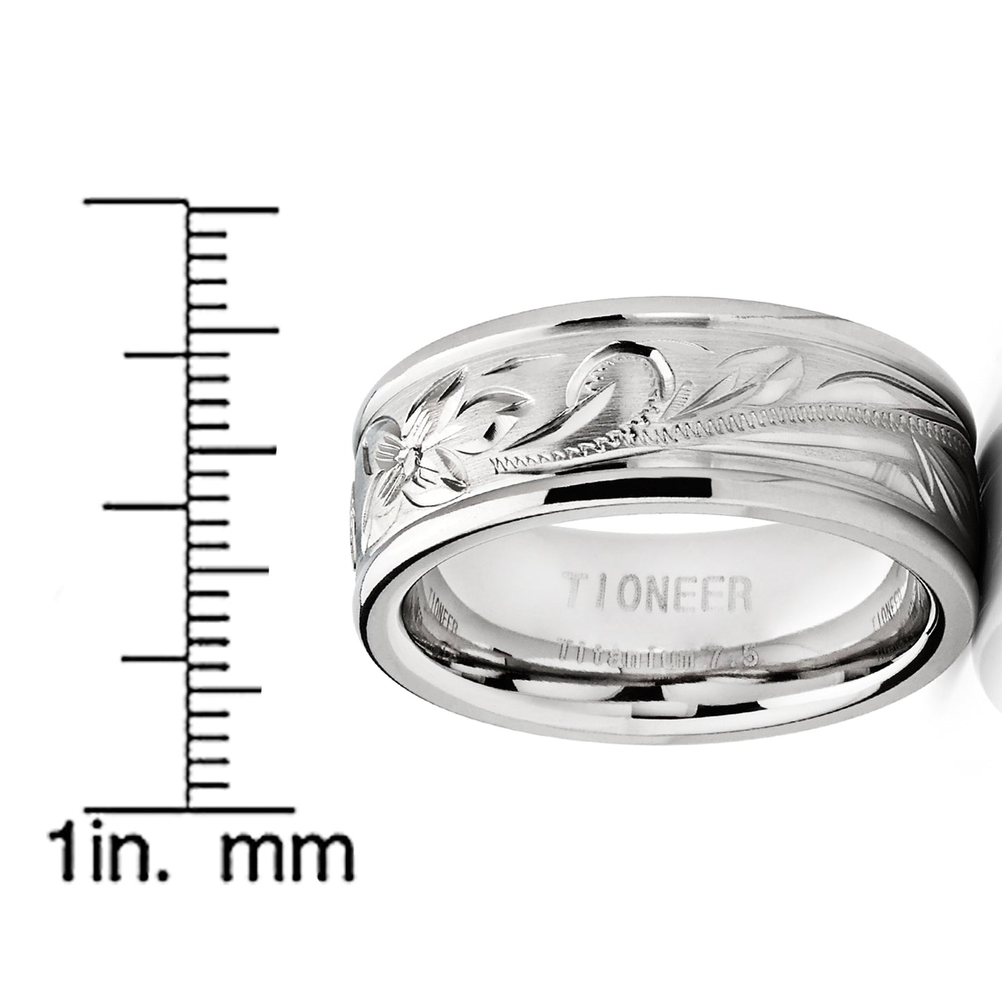 Men's 8MM Titanium Ring Wedding Band With Engraved Floral Design Sizes 7 to 13